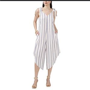 Sleeveless Tie shoulder Linen Stripe Jumpsuit